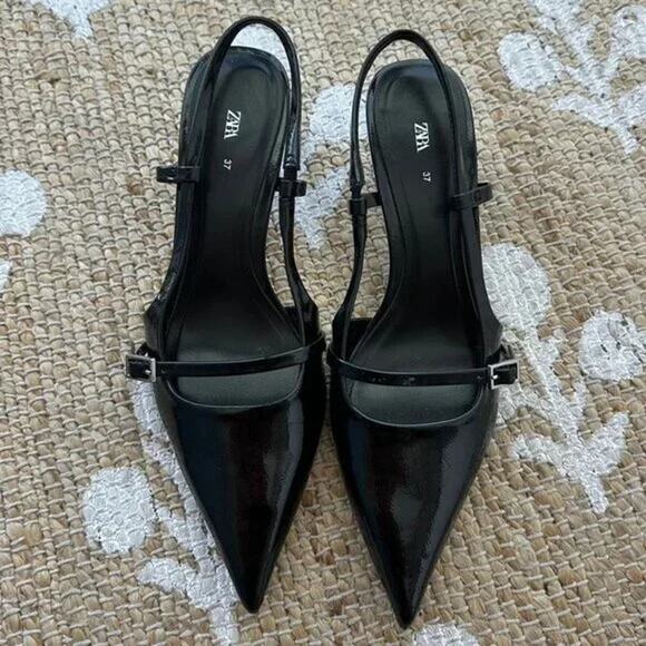 ZARA Faux Patent Leather Slingback Heels NWT 🔥 Pointed Toe Size 8 - Picture 10 of 16